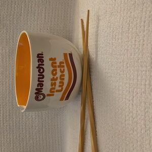 Ramen Noodle Lunch Bowl Ceramic with Chopsticks - White Orange & Brown Logo